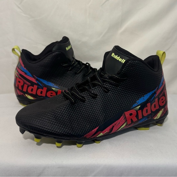 Riddell Black, Pink, Yellow‎ cleets Mens flash mid top football Size 9 D Euc - Picture 1 of 8